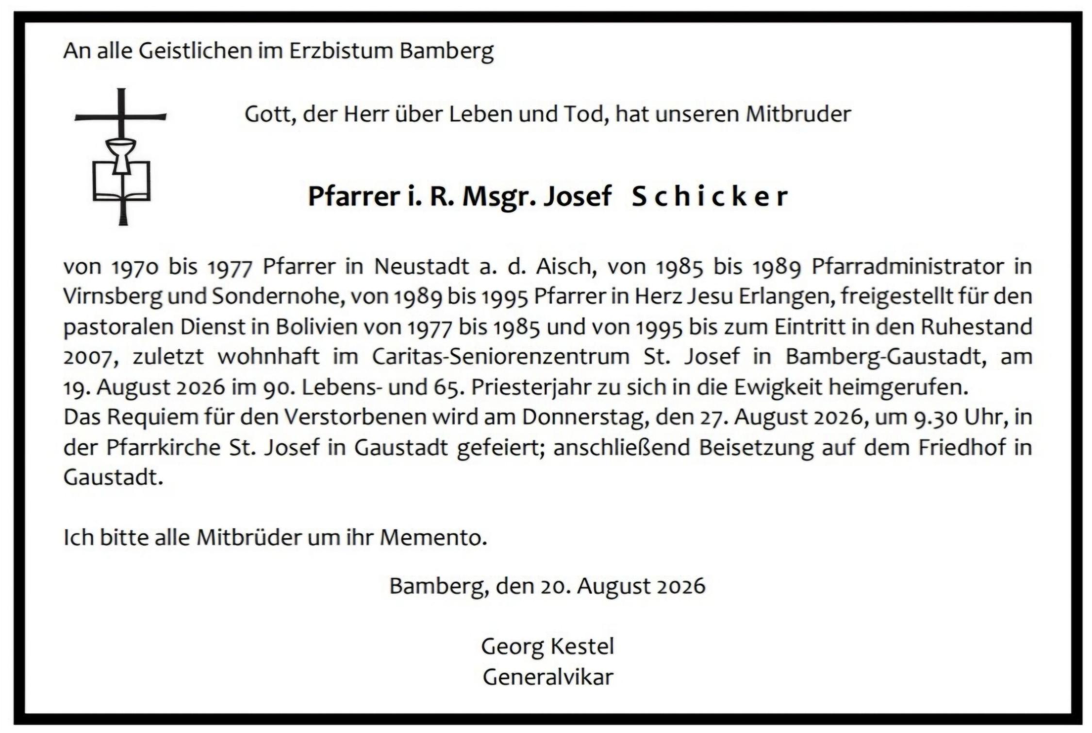 Traueranzeige Pfarrer Josef Schicker